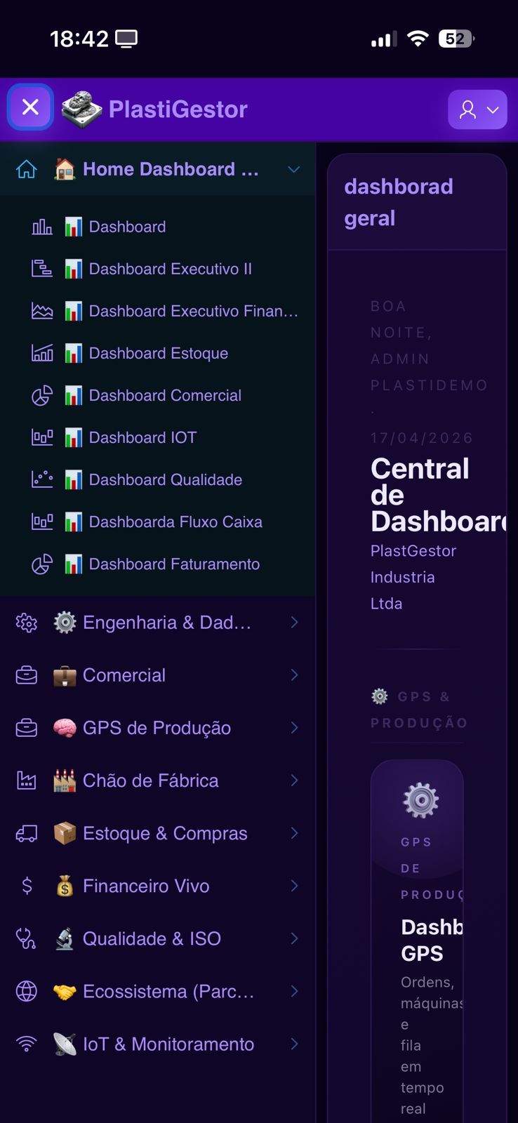 Central de Dashboards do PlastiGestor — menu com todos os módulos