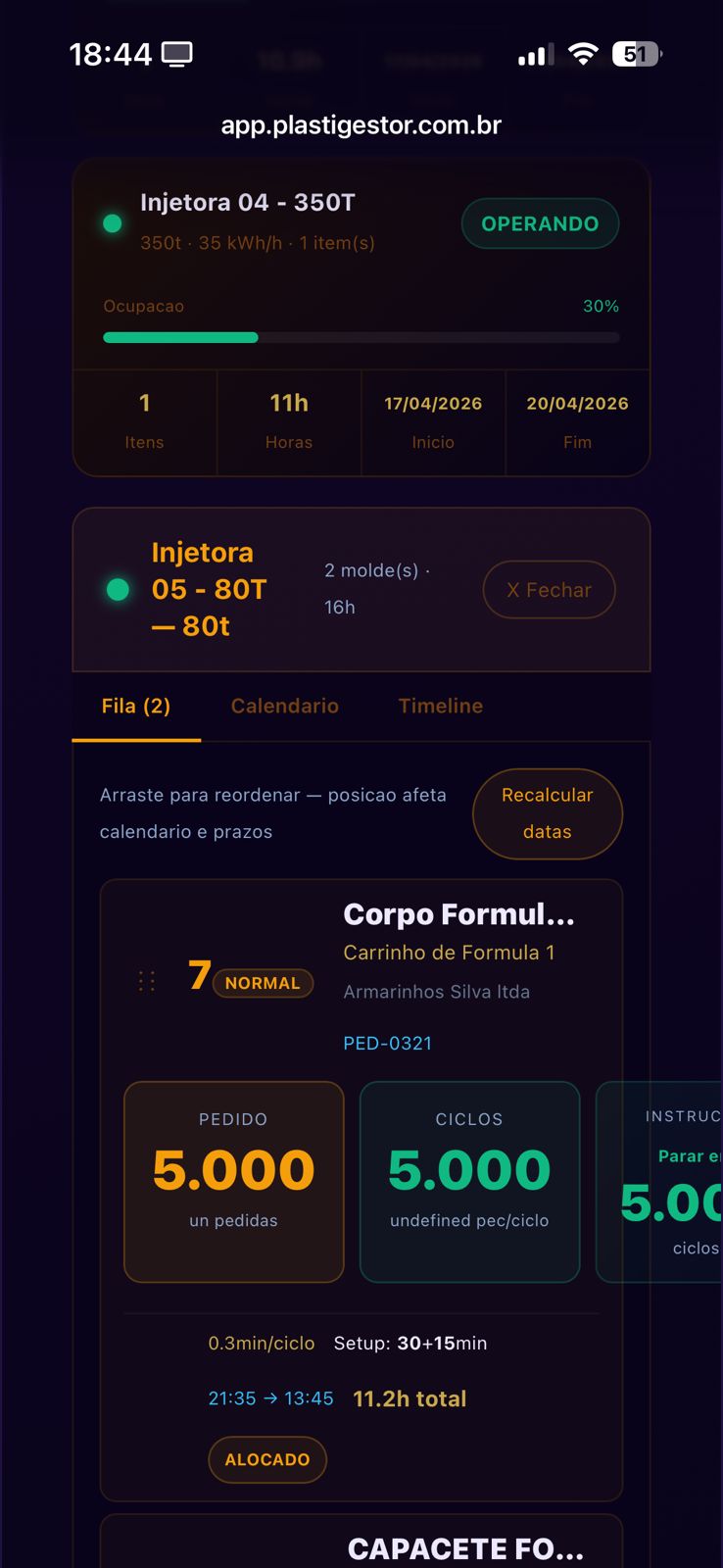 Fila Inteligente Gantt do PlastiGestor — pedidos, ciclos e ocupação de máquinas