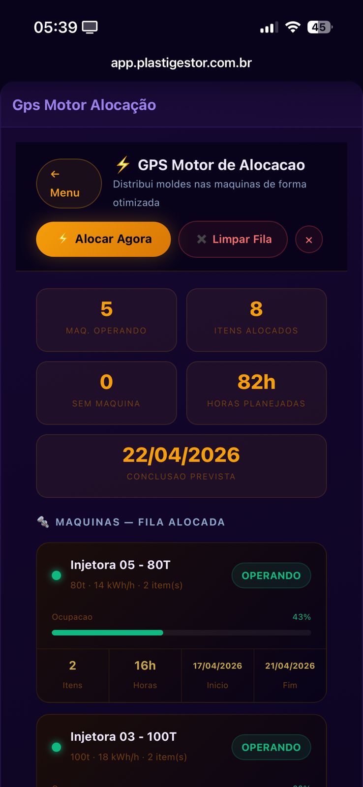 Motor GPS — alocação automática de moldes em máquinas